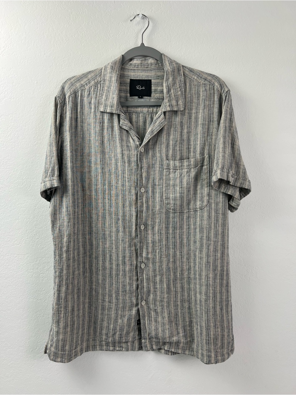 Rails Waimea Tan Navy Striped Linen Blend Short Sleeve Work Vacation Button Down
